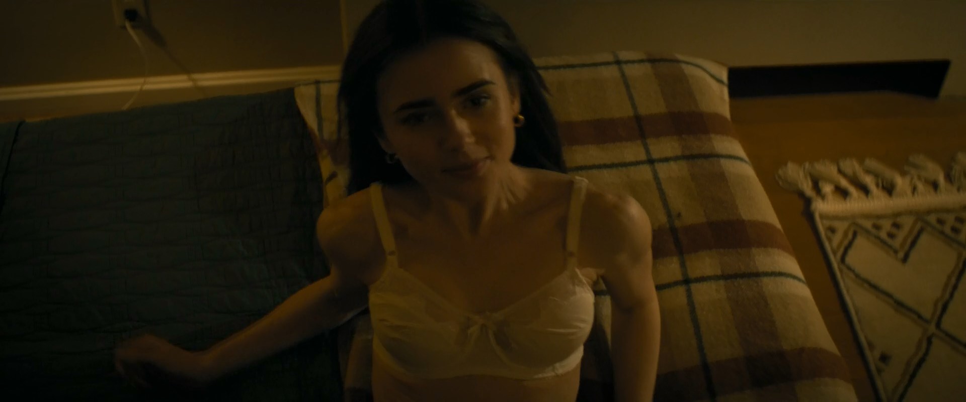 Lily Collins Nude Holding Her Hair And Closing Her Eyes.